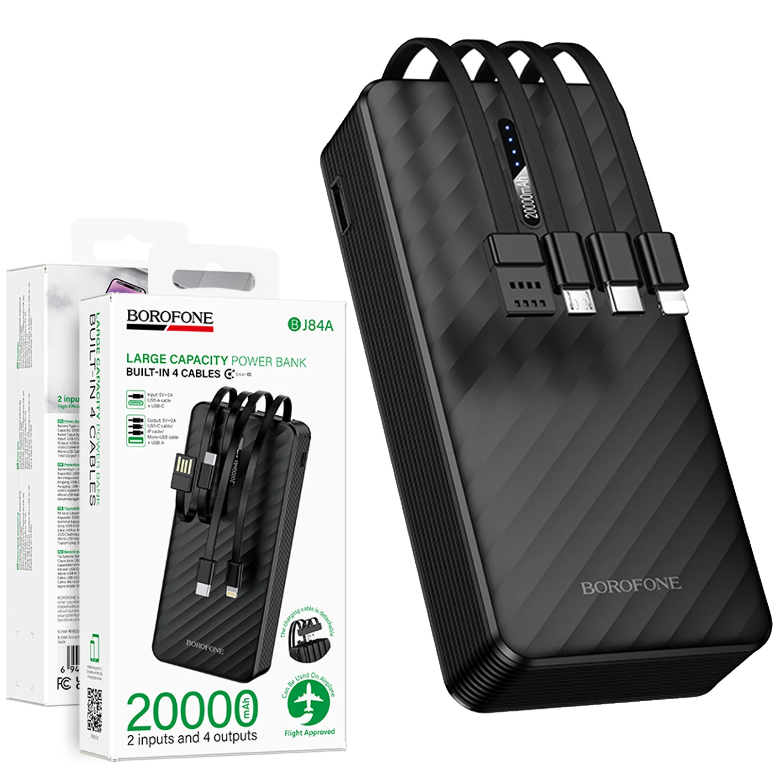 Borofone BJ84A 20000mAh Smooth Portable Power Bank With Built in USB A/Micro USB/ USB Type C / Lightning Cable