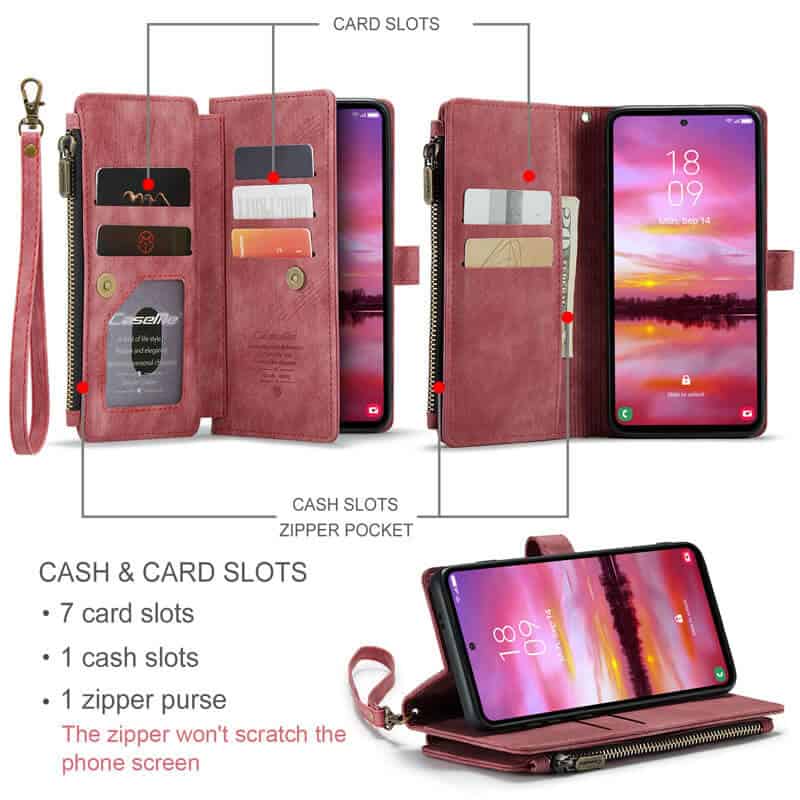 CaseMe C30 For Samsung Galaxy S24 FE Vintage Leather Folio Zipper Wallet Case with Magnetic Closure and 7 Card Slots