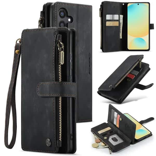 CaseMe C30 For Samsung Galaxy S24 FE Vintage Leather Folio Zipper Wallet Case with Magnetic Closure and 7 Card Slots