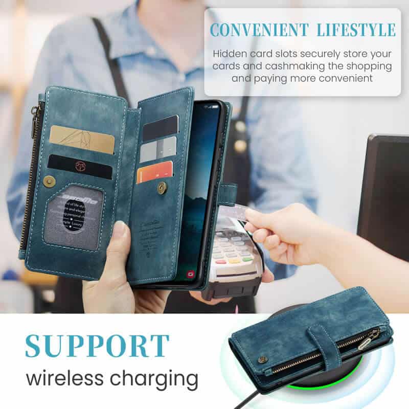 CaseMe C30 For Samsung Galaxy S24 FE Vintage Leather Folio Zipper Wallet Case with Magnetic Closure and 7 Card Slots
