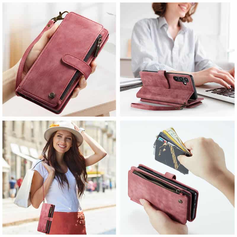 CaseMe C30 For Samsung Galaxy S24 FE Vintage Leather Folio Zipper Wallet Case with Magnetic Closure and 7 Card Slots