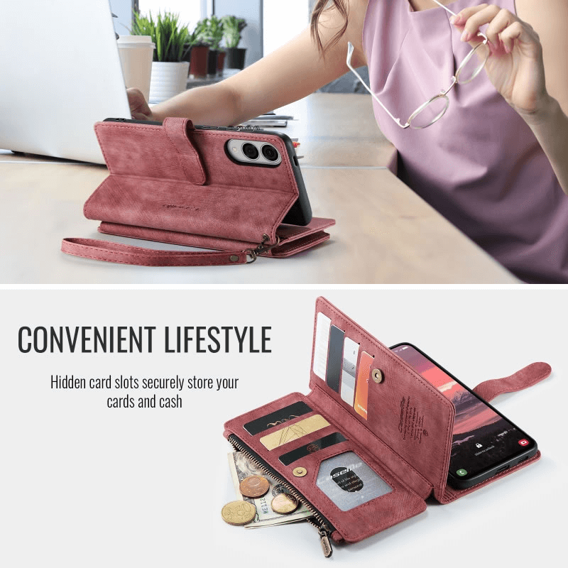 CaseMe C30 For Samsung Galaxy S25 Edge 5G Vintage Leather Folio Zipper Wallet Case with Magnetic Closure and 7 Card Slots