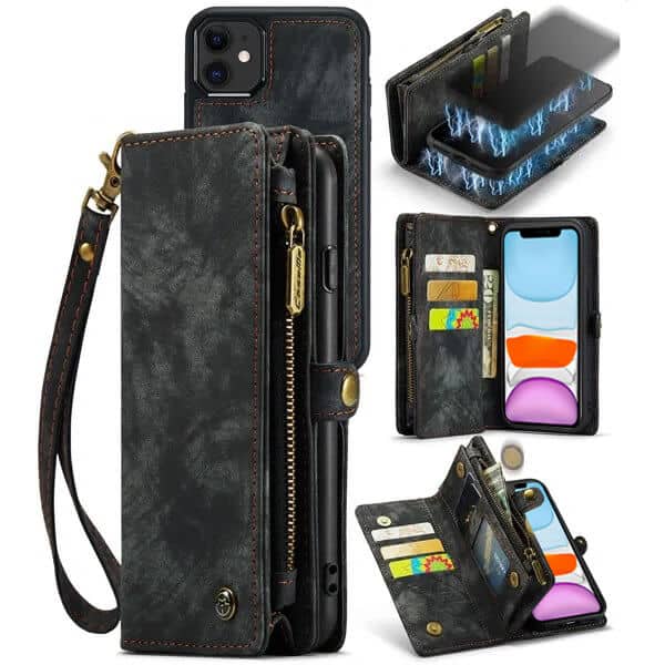 CaseMe For Apple iPhone 11 /11 Pro / 11 Pro Max Zipper & Detachable Retro Leather Pouch With Chain Wallet Flip Purse Bag Detachable Phone Case Cover