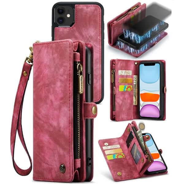 CaseMe For Apple iPhone 11 /11 Pro / 11 Pro Max Zipper & Detachable Retro Leather Pouch With Chain Wallet Flip Purse Bag Detachable Phone Case Cover