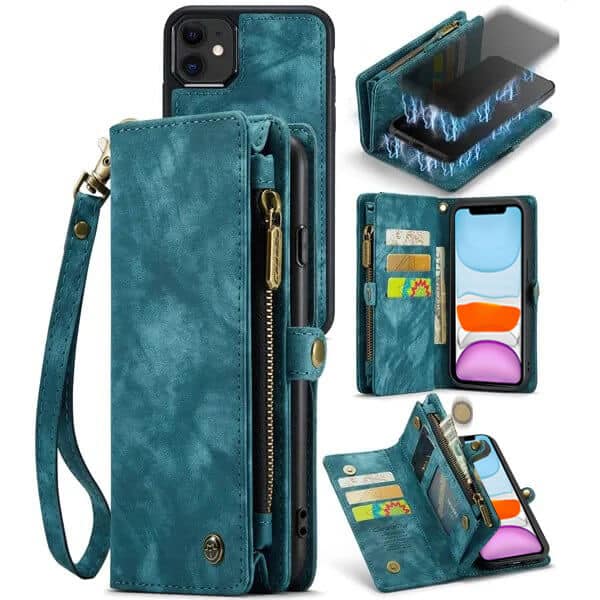 CaseMe For Apple iPhone 11 /11 Pro / 11 Pro Max Zipper & Detachable Retro Leather Pouch With Chain Wallet Flip Purse Bag Detachable Phone Case Cover