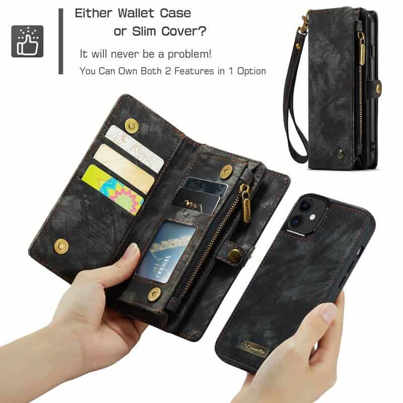 CaseMe For Apple iPhone 11 /11 Pro / 11 Pro Max Zipper & Detachable Retro Leather Pouch With Chain Wallet Flip Purse Bag Detachable Phone Case Cover
