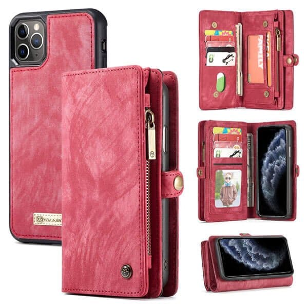 CaseMe For Apple iPhone 11 /11 Pro / 11 Pro Max Zipper & Detachable Retro Leather Pouch With Chain Wallet Flip Purse Bag Detachable Phone Case Cover