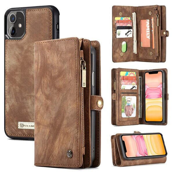 CaseMe For Apple iPhone 11 /11 Pro / 11 Pro Max Zipper & Detachable Retro Leather Pouch With Chain Wallet Flip Purse Bag Detachable Phone Case Cover