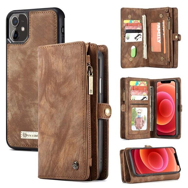 CaseMe For Apple iPhone 12 /12Mini /12 Pro /12 Pro Max Zipper & Detachable Retro Leather Pouch With Chain Wallet Flip Purse Bag Detachable Phone Case Cover