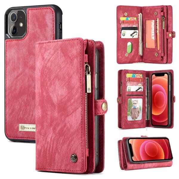 CaseMe For Apple iPhone 12 /12Mini /12 Pro /12 Pro Max Zipper & Detachable Retro Leather Pouch With Chain Wallet Flip Purse Bag Detachable Phone Case Cover