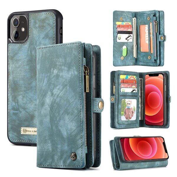 CaseMe For Apple iPhone 12 /12Mini /12 Pro /12 Pro Max Zipper & Detachable Retro Leather Pouch With Chain Wallet Flip Purse Bag Detachable Phone Case Cover