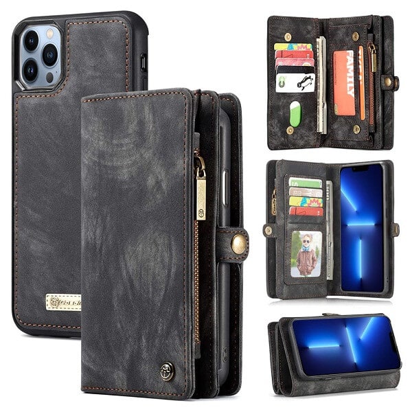 CaseMe For Apple iPhone 15/14/13 /13 Pro / 13 Pro Max / 13 Mini Zipper & Detachable Retro Leather Pouch With Chain Wallet Flip Purse Bag Detachable Phone Case Cover