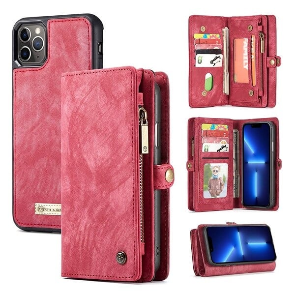 CaseMe For Apple iPhone 15/14/13 /13 Pro / 13 Pro Max / 13 Mini Zipper & Detachable Retro Leather Pouch With Chain Wallet Flip Purse Bag Detachable Phone Case Cover