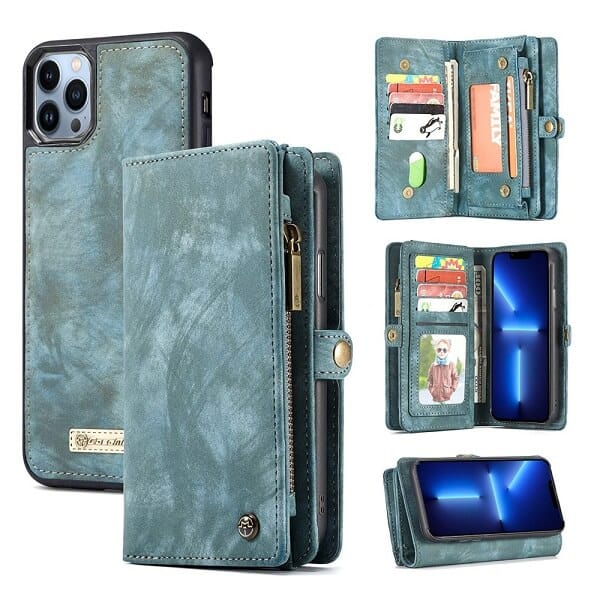 CaseMe For Apple iPhone 15/14/13 /13 Pro / 13 Pro Max / 13 Mini Zipper & Detachable Retro Leather Pouch With Chain Wallet Flip Purse Bag Detachable Phone Case Cover