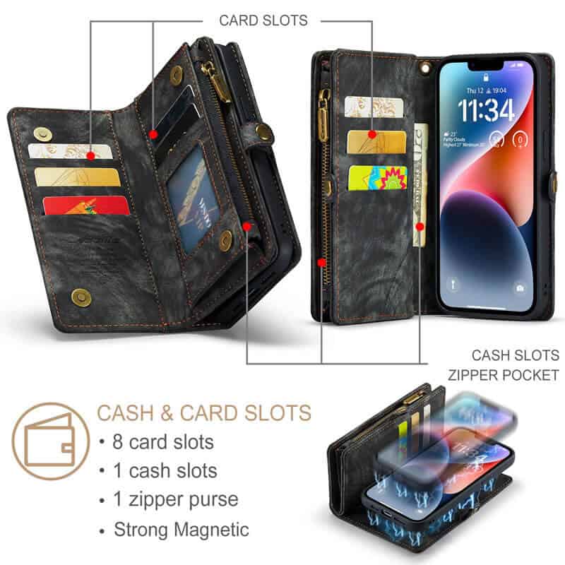 CaseMe For Apple iPhone 1314 Zipper & Detachable Retro Leather Pouch With Chain Wallet Flip Purse Bag Detachable Phone Case Cover (Black)
