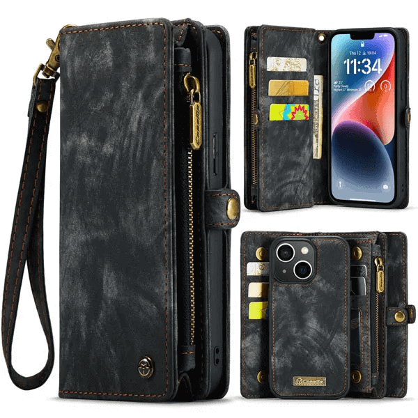 CaseMe For Apple iPhone 1314 Zipper & Detachable Retro Leather Pouch With Chain Wallet Flip Purse Bag Detachable Phone Case Cover (Black)