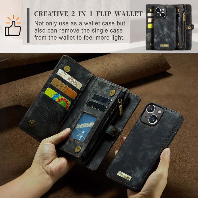 CaseMe For Apple iPhone 1314 Zipper & Detachable Retro Leather Pouch With Chain Wallet Flip Purse Bag Detachable Phone Case Cover (Black)