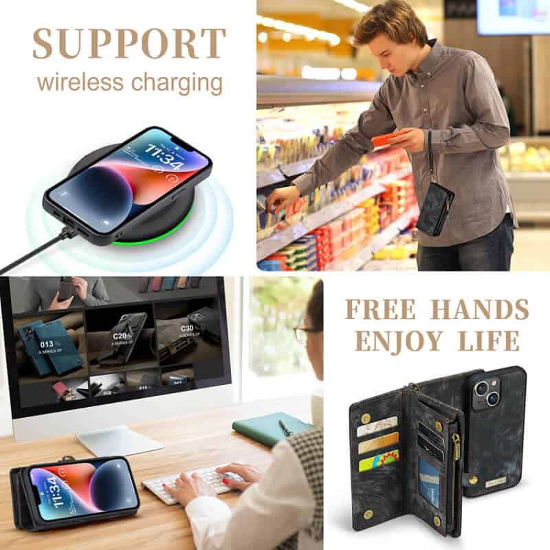 CaseMe For Apple iPhone 1314 Zipper & Detachable Retro Leather Pouch With Chain Wallet Flip Purse Bag Detachable Phone Case Cover (Black)