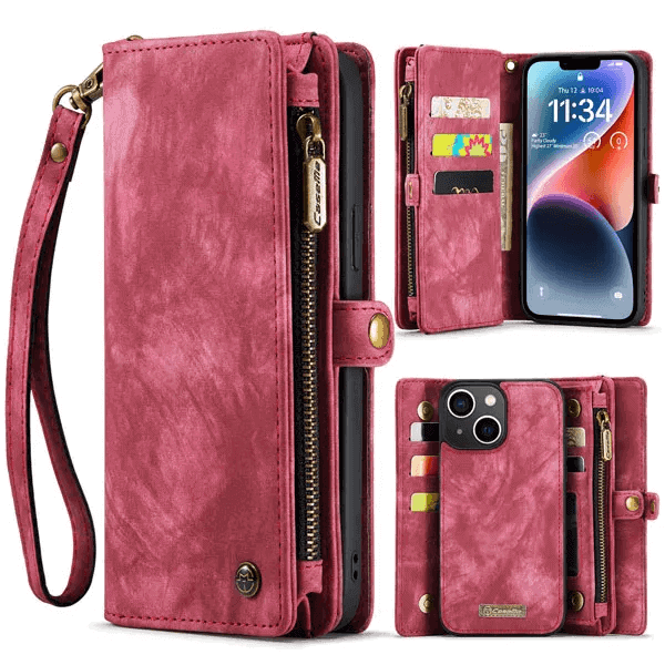 CaseMe For Apple iPhone 1314 Zipper & Detachable Retro Leather Pouch With Chain Wallet Flip Purse Bag Detachable Phone Case Cover (Red)