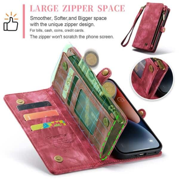CaseMe For Apple iPhone 1314 Zipper & Detachable Retro Leather Pouch With Chain Wallet Flip Purse Bag Detachable Phone Case Cover (Red)