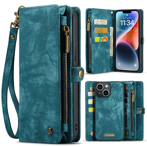 CaseMe For Apple iPhone 13/14 Zipper & Detachable Retro Leather Pouch With Chain Wallet Flip Purse Bag Detachable Phone Case Cover (Sky Blue)