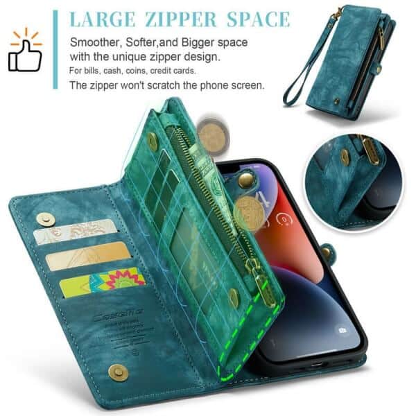 CaseMe For Apple iPhone 13/14 Zipper & Detachable Retro Leather Pouch With Chain Wallet Flip Purse Bag Detachable Phone Case Cover (Sky Blue)