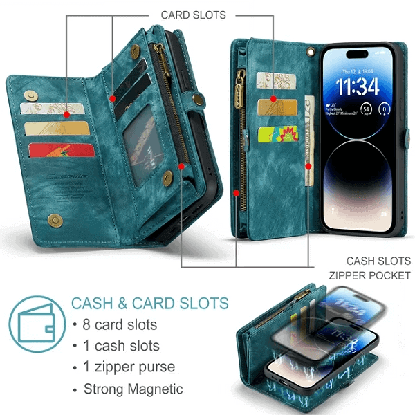 CaseMe For Apple iPhone 14 Pro15 Pro Zipper & Detachable Retro Leather Pouch With Chain Wallet Flip Phone Case Cover