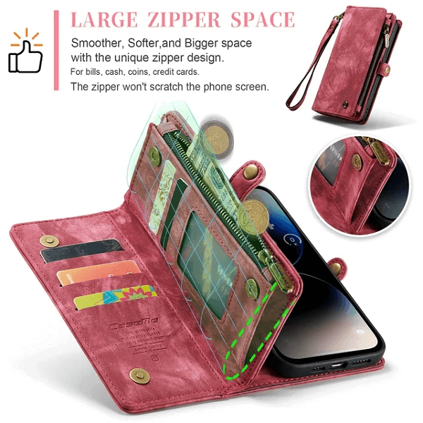 CaseMe For Apple iPhone 14 Pro15 Pro Zipper & Detachable Retro Leather Pouch With Chain Wallet Flip Phone Case Cover