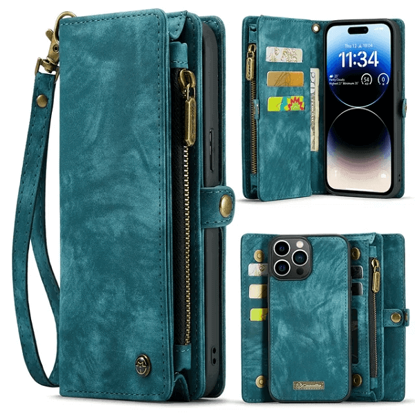 CaseMe For Apple iPhone 14 Pro15 Pro Zipper & Detachable Retro Leather Pouch With Chain Wallet Flip Phone Case Cover