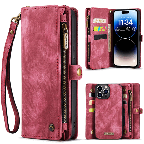 CaseMe For Apple iPhone 14 Pro15 Pro Zipper & Detachable Retro Leather Pouch With Chain Wallet Flip Phone Case Cover