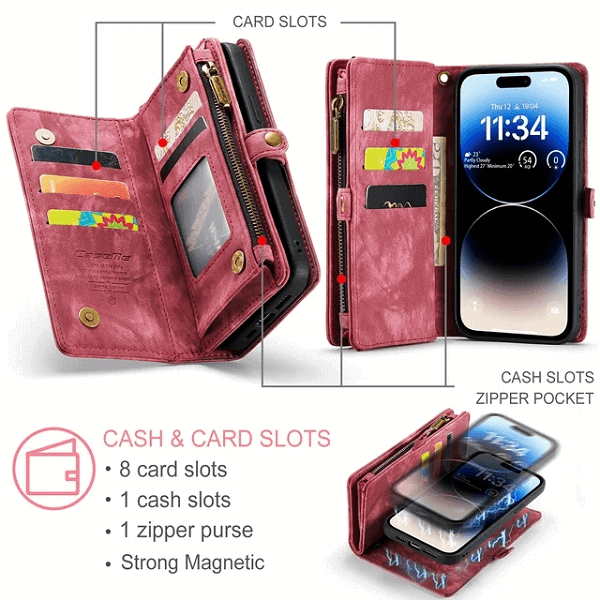 CaseMe For Apple iPhone 14 Pro15 Pro Zipper & Detachable Retro Leather Pouch With Chain Wallet Flip Phone Case Cover