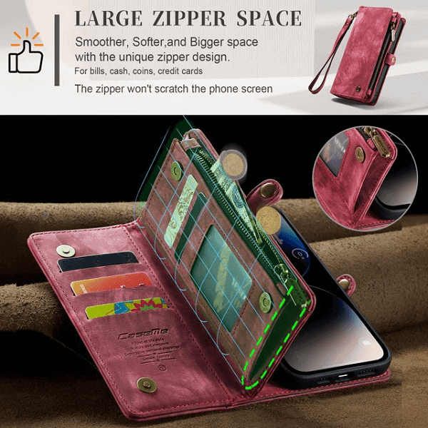 CaseMe For Apple iPhone 14 Pro15 Pro Zipper & Detachable Retro Leather Pouch With Chain Wallet Flip Phone Case Cover