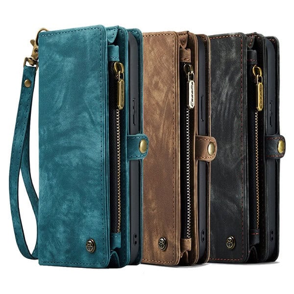 CaseMe For Galaxy S21 S21 FE S21+ S21 Plus S21 Ultra Zipper & Detachable Retro Leather Pouch With Chain Wallet Flip Purse Bag Detachable Phone Case