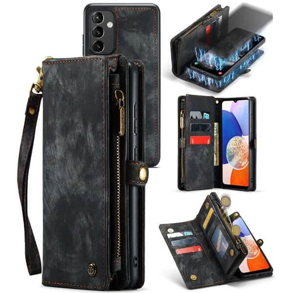 CaseMe For Samsung Galaxy A14 5G Magnetic Detachable Leather Zipper Wallet Case with Wrist Strap - Black