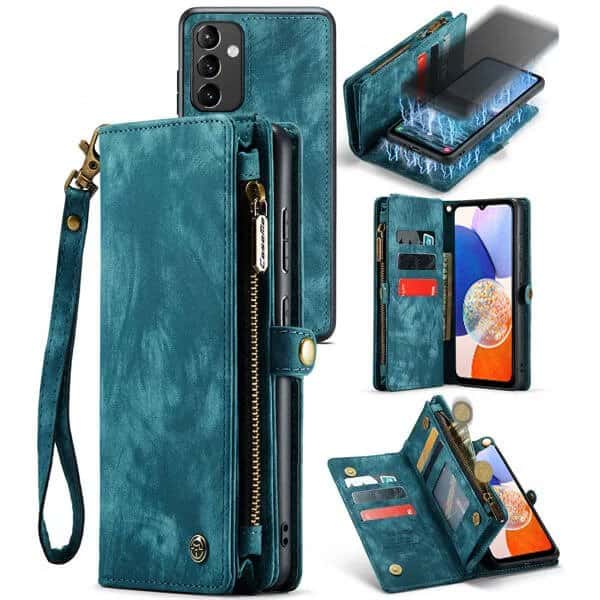 CaseMe For Samsung Galaxy A14 5G Magnetic Detachable Leather Zipper Wallet Case with Wrist Strap - Sky Blue
