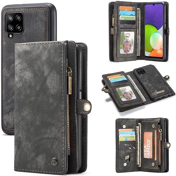 CaseMe For Samsung Galaxy A22 4G Zipper & Detachable Retro Leather Pouch Wallet Flip Purse Bag Detachable Phone Case Cover (Black)