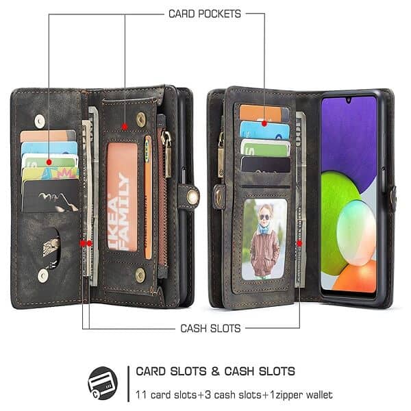 CaseMe For Samsung Galaxy A22 4G Zipper & Detachable Retro Leather Pouch Wallet Flip Purse Bag Detachable Phone Case Cover (Black)