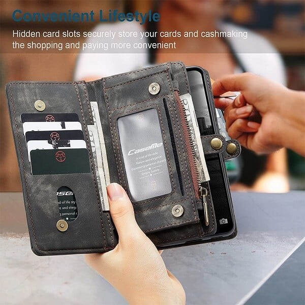 CaseMe For Samsung Galaxy A22 4G Zipper & Detachable Retro Leather Pouch Wallet Flip Purse Bag Detachable Phone Case Cover (Black)