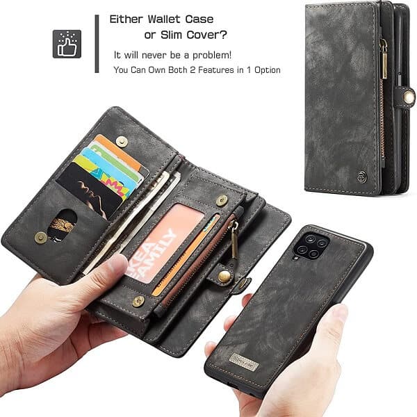 CaseMe For Samsung Galaxy A22 4G Zipper & Detachable Retro Leather Pouch Wallet Flip Purse Bag Detachable Phone Case Cover (Black)