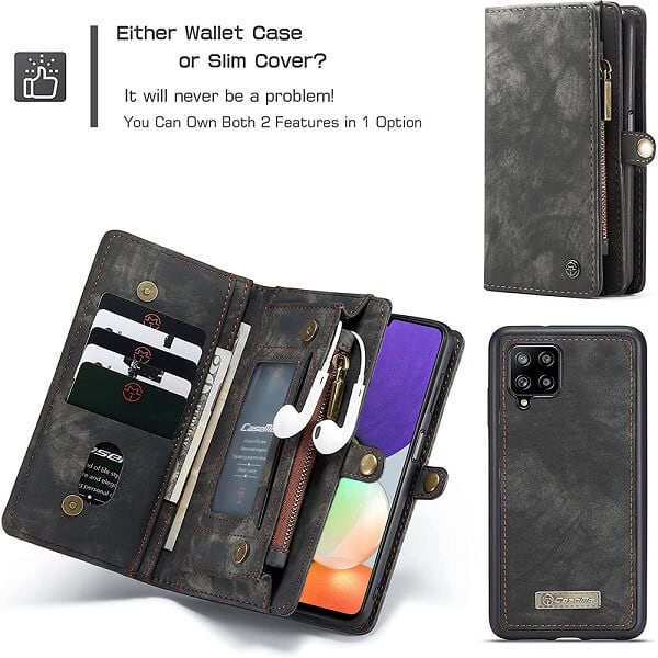 CaseMe For Samsung Galaxy A22 4G Zipper & Detachable Retro Leather Pouch Wallet Flip Purse Bag Detachable Phone Case Cover (Black)