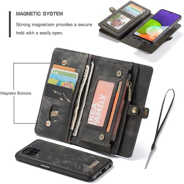 CaseMe For Samsung Galaxy A22 4G Zipper & Detachable Retro Leather Pouch Wallet Flip Purse Bag Detachable Phone Case Cover (Black)