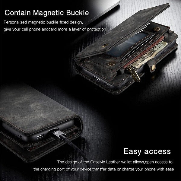 CaseMe For Samsung Galaxy A22 4G Zipper & Detachable Retro Leather Pouch Wallet Flip Purse Bag Detachable Phone Case Cover (Black)