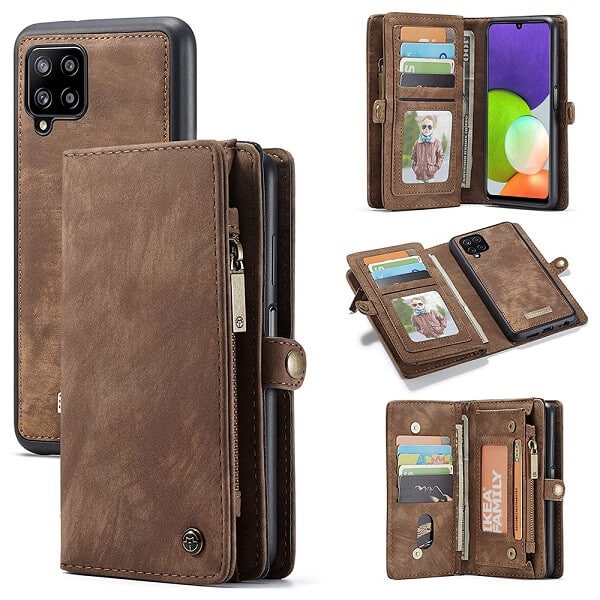 CaseMe For Samsung Galaxy A22 4G Zipper & Detachable Retro Leather Pouch Wallet Flip Purse Bag Detachable Phone Case Cover (Brown)