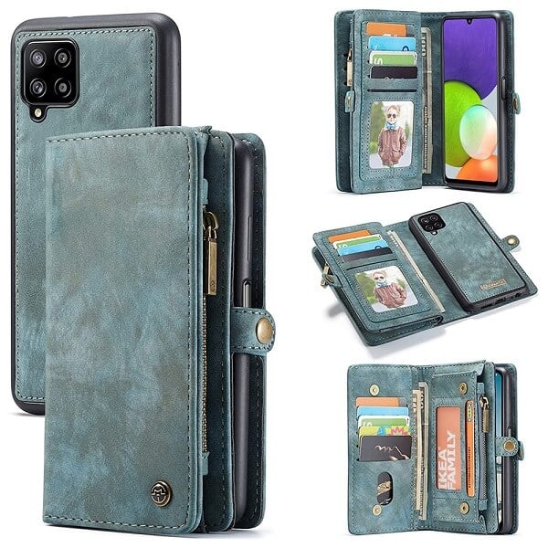 CaseMe For Samsung Galaxy A22 4G Zipper & Detachable Retro Leather Pouch Wallet Flip Purse Bag Detachable Phone Case Cover (Sky Blue)