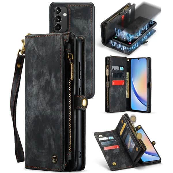 CaseMe For Samsung Galaxy A34 5G Magnetic Detachable Leather Zipper Wallet Case with Wrist Strap - Black