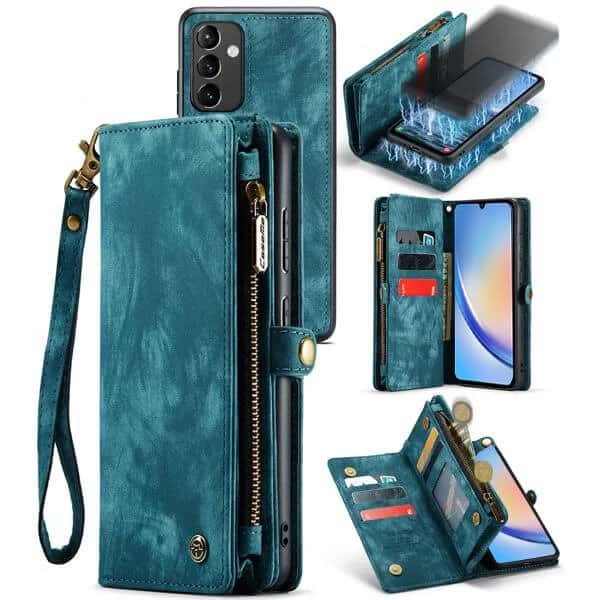 CaseMe For Samsung Galaxy A34 5G Magnetic Detachable Leather Zipper Wallet Case with Wrist Strap - Sky Blue