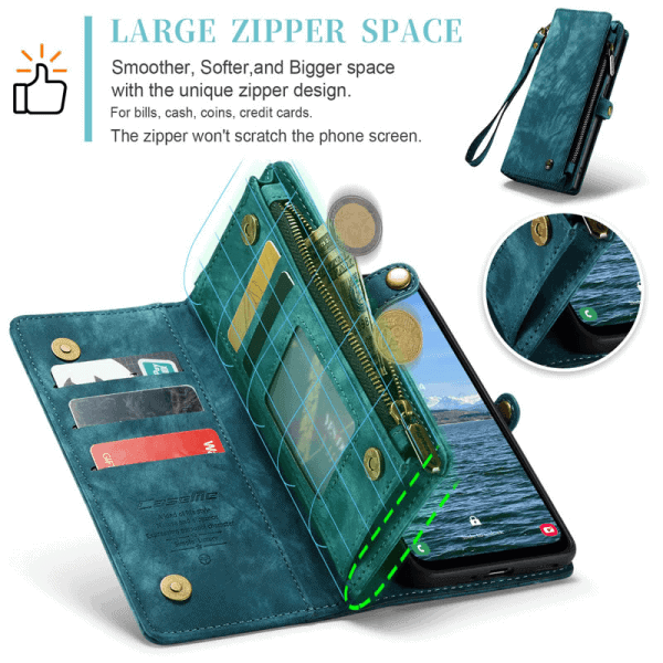 CaseMe For Samsung Galaxy A54 5G Magnetic Detachable Leather Zipper Wallet Case with Wrist Strap - Sky Blue