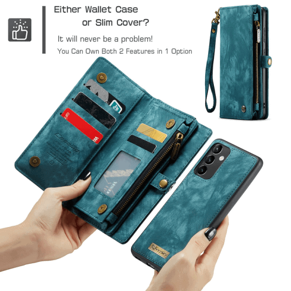 CaseMe For Samsung Galaxy A54 5G Magnetic Detachable Leather Zipper Wallet Case with Wrist Strap - Sky Blue