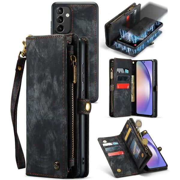 CaseMe For Samsung Galaxy A54 5G Magnetic Detachable Leather Zipper Wallet Case with Wrist Strap