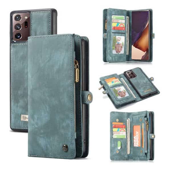 CaseMe For Samsung Galaxy Note 20 Ultra Zipper & Detachable Retro Leather Pouch Wallet Flip Purse Bag Detachable Phone Case Cover (Sky Blue)